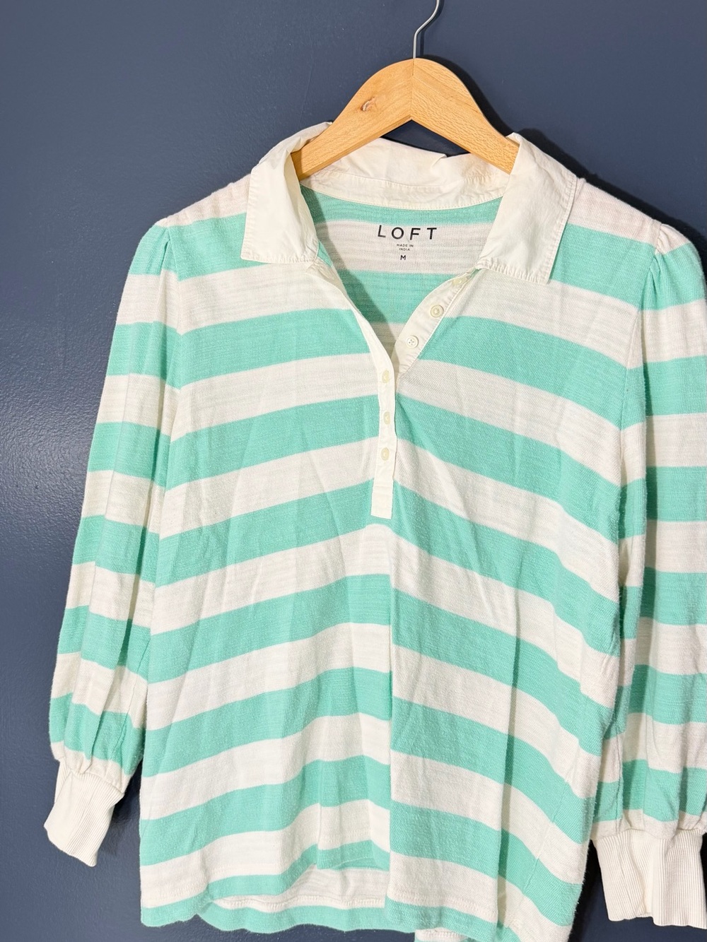 LOFT Mint Green and White Striped Button-Front Polo Shirt